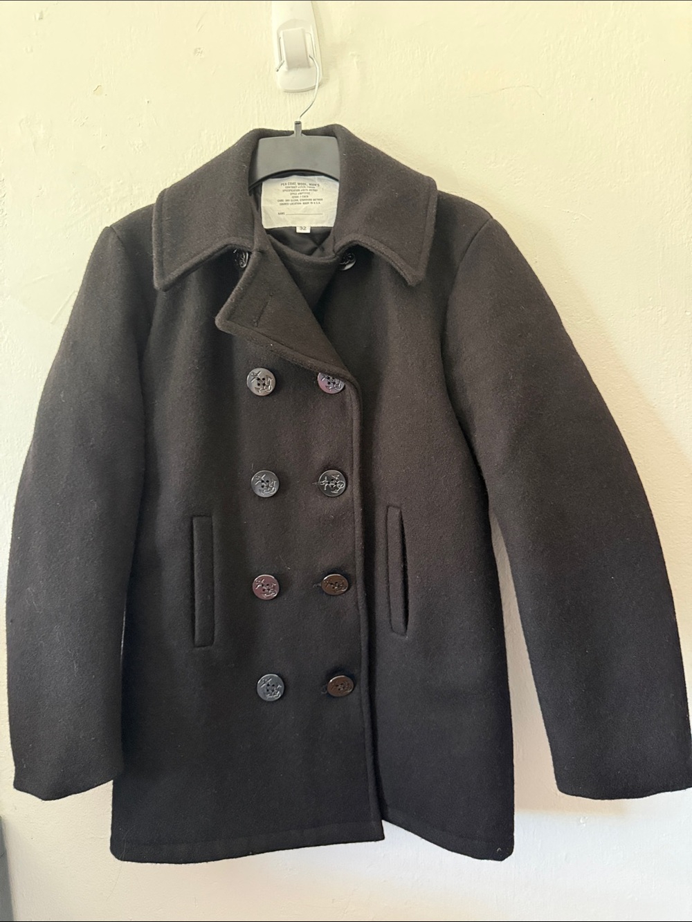 US Navy Vintage Wool Overcoat Pea Coat Peacoat Mens Coat 32 Black Military USA